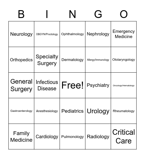 Medical Specialty Bingo Card