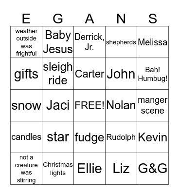 Egans Christmas Bingo Card