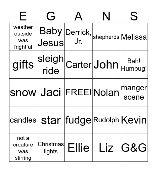 Egans Christmas Bingo Card