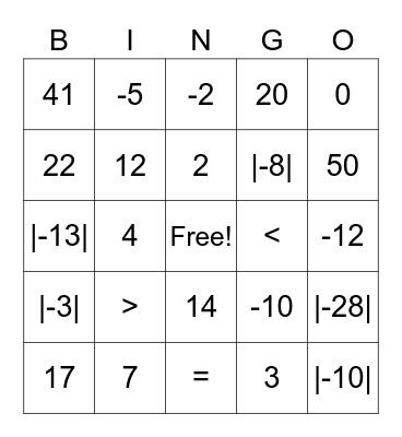 Absolute Value Bingo Card