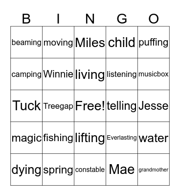 Tuck Everlasting Bingo Card