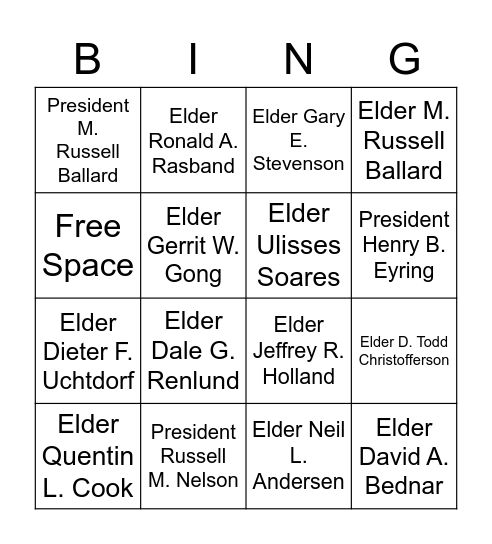 General Authority Bingo Card