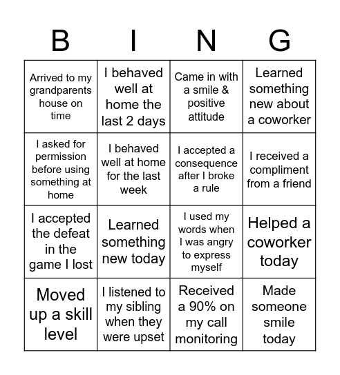 Accountability Bingo Card