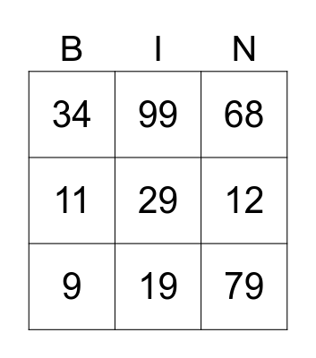 Number Bingo Card