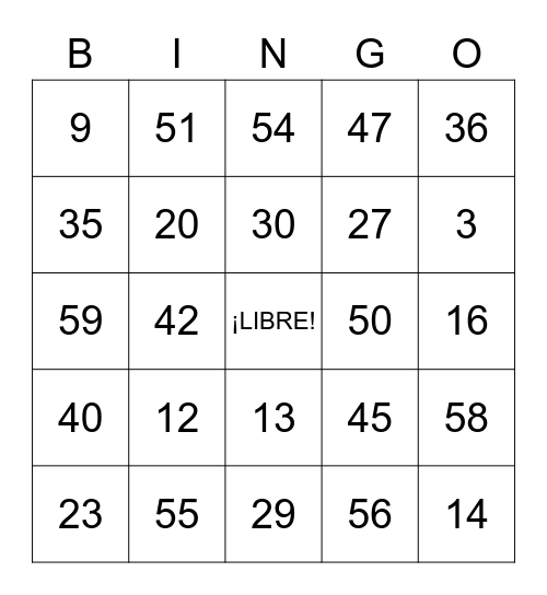 Números 1-60 Bingo Card