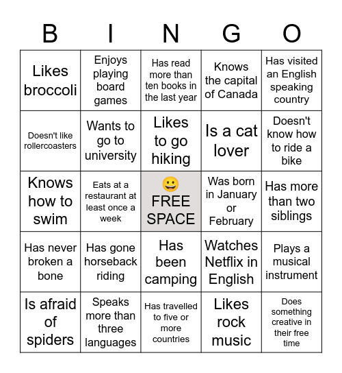 Let's get to know each other! Bingo Card