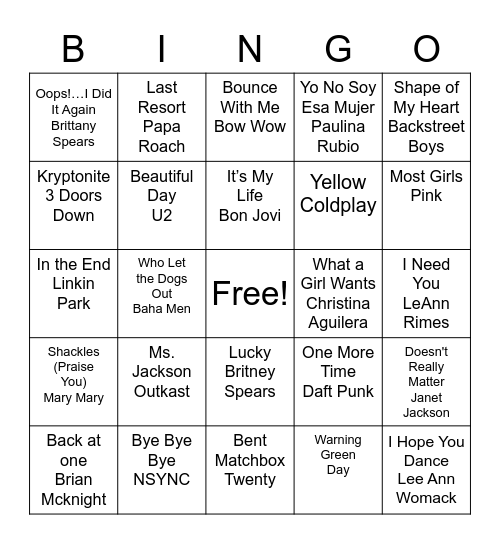 2000 Music Bingo Card