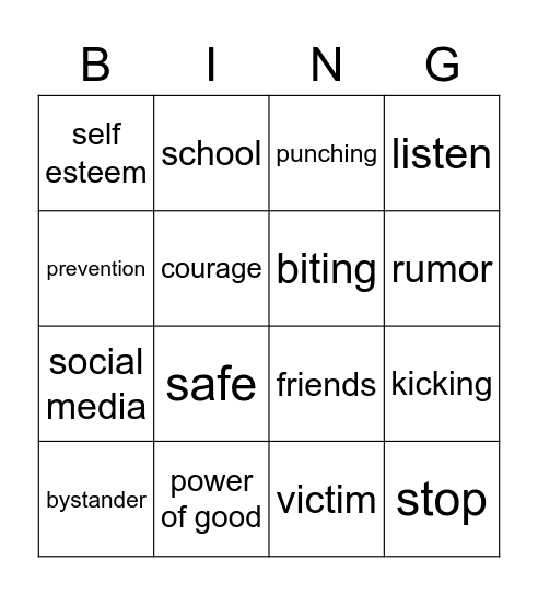 Anti Bully Bingo Card