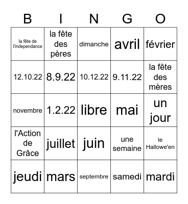 French Calendar Bingo Card