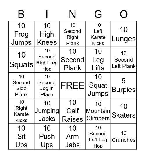 Healthy Living Bingo Card