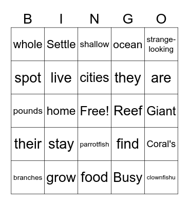 Lively Coral Reefs Bingo Card