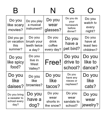 Simple Present Bingo Card