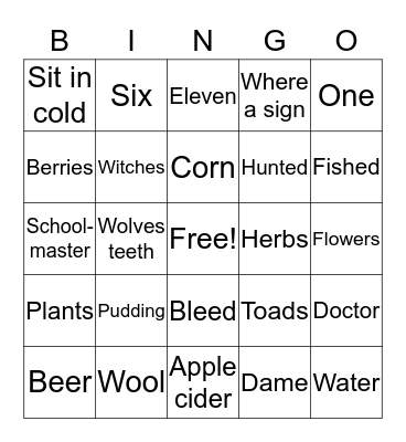 Colonial Times Bingo Card