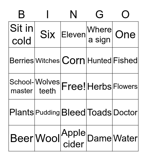 Colonial Times Bingo Card