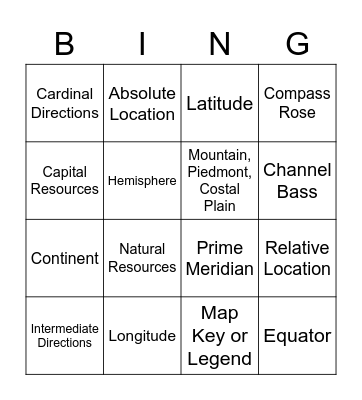 4th Grade Map Skills and NC Bingo Card