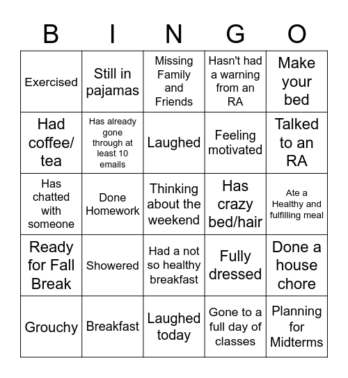 Checking In Bingo Card