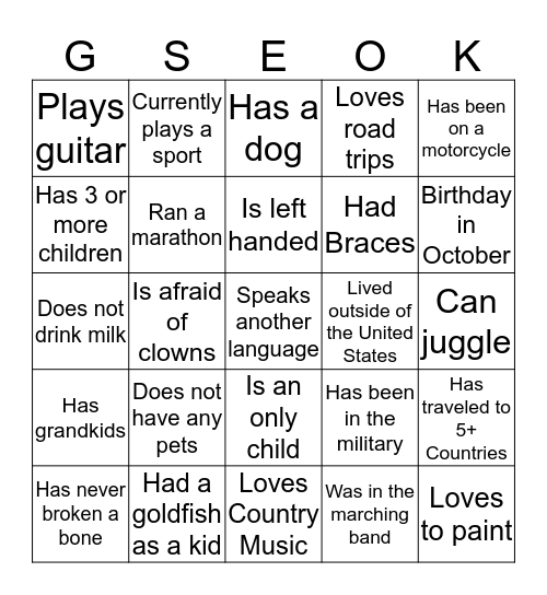Getting to know our GSEOK Team!  Bingo Card