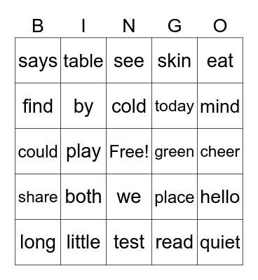 High Frequency Words Bingo Card