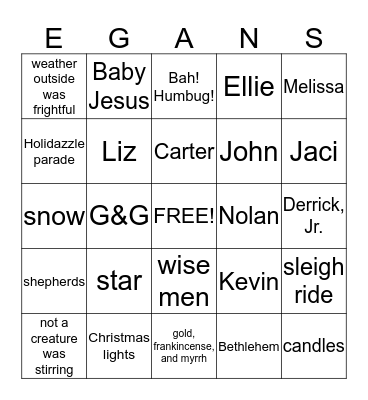 Egans Christmas Bingo Card
