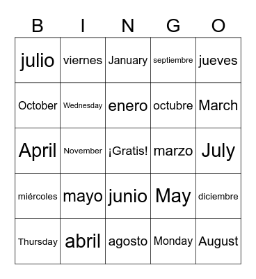 Spanish Days and Months Bingo Card