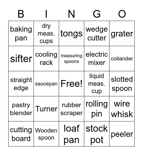 Utensils Bingo Card