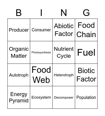 5th Grade Ecosystems Terms Bingo Card