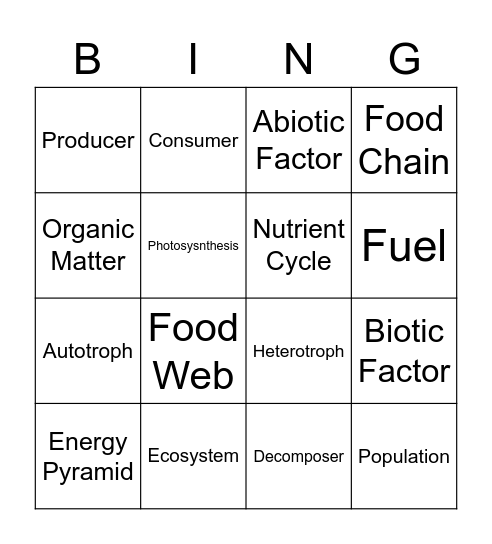 5th Grade Ecosystems Terms Bingo Card