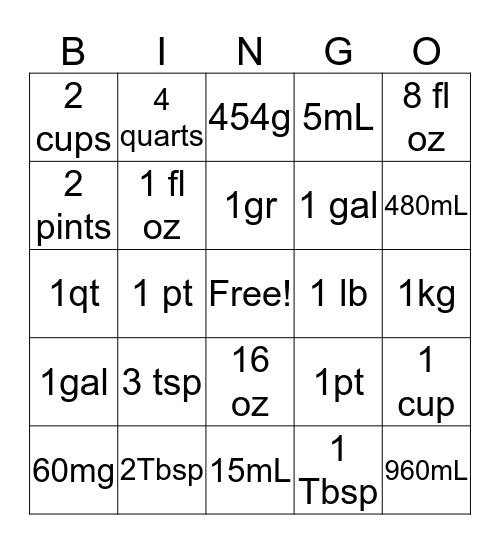 Calculations Bingo Card