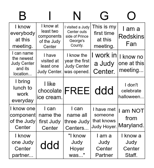 Judy Center Bingo Card