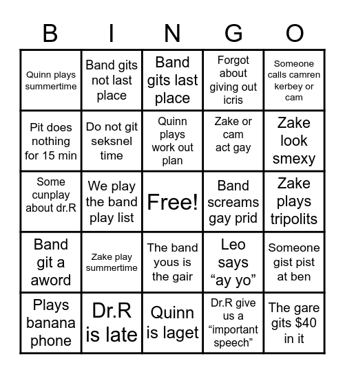 Marching band Bingo Card