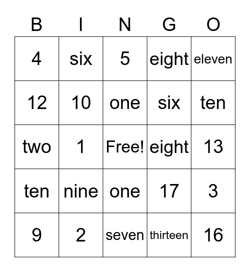Number Sense Bingo Card