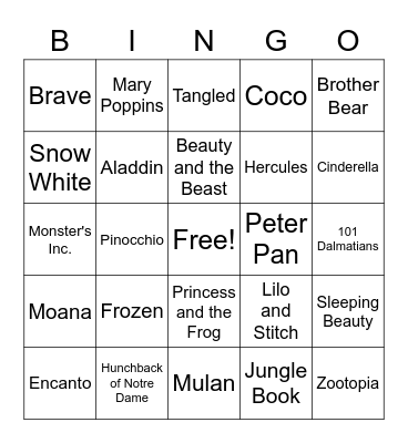 Disney Song BINGO Card