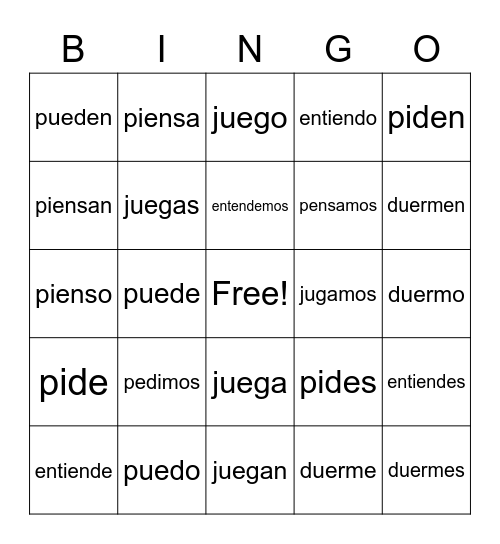 Stem-Changing Verbs Bingo Card