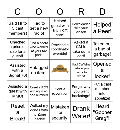 Coordinator Bingo Card