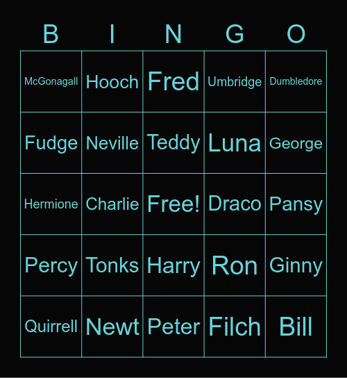 Harry Potter character Bingo Card