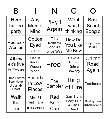 Country Music Bingo Card