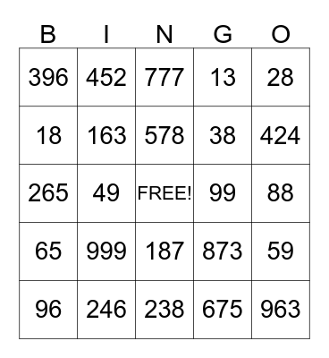 Place Value Bingo Card