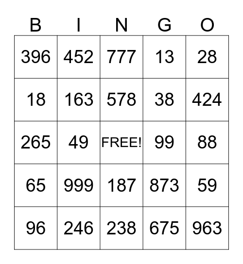 Place Value Bingo Card
