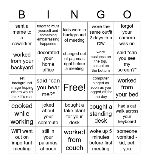 Remote Work BINGO Card