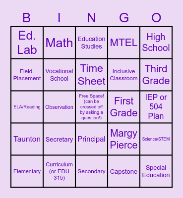 Education Society Placement Q&A BINGO! Bingo Card
