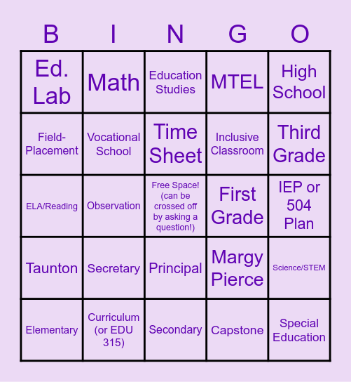 Education Society Placement Q&A BINGO! Bingo Card