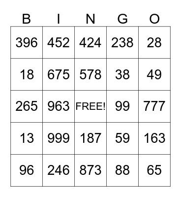 Place Value Bingo Card
