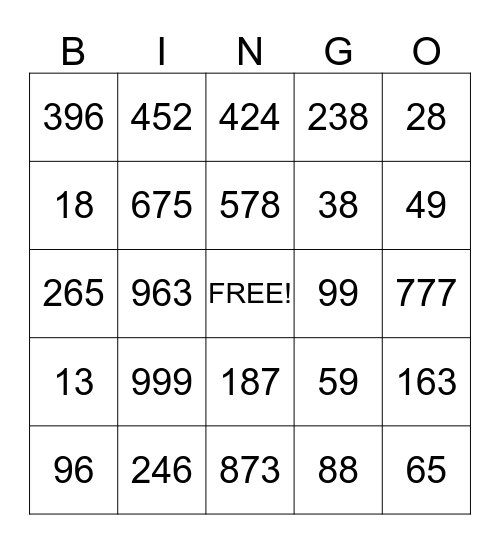 Place Value Bingo Card