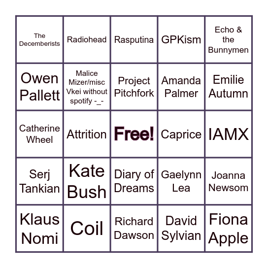 Music weehee Bingo Card
