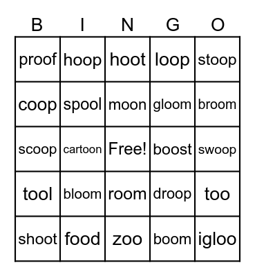oo as in food Bingo Card