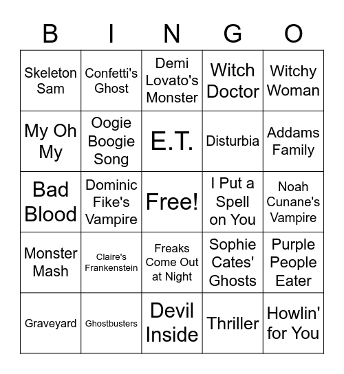 Halloween Music Bingo Card