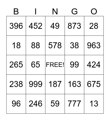 Place Value Bingo Card