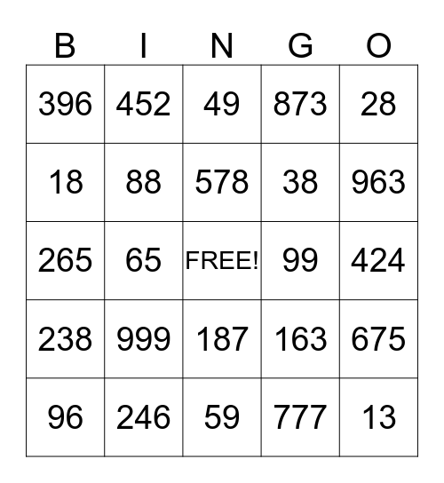 Place Value Bingo Card