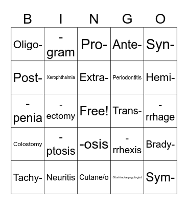 Medical Terminology Bingo Card