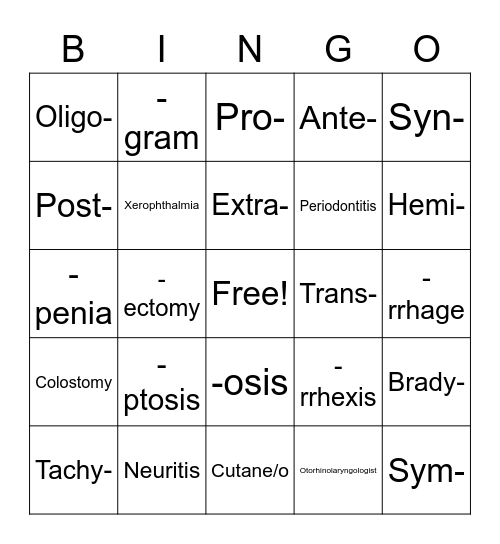 Medical Terminology Bingo Card